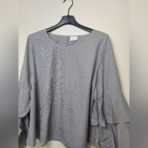 Abound Flutter Sleeve Blouse 100% Cotton Dramatic Striped Career Romantic Large - Picture 7 of 12